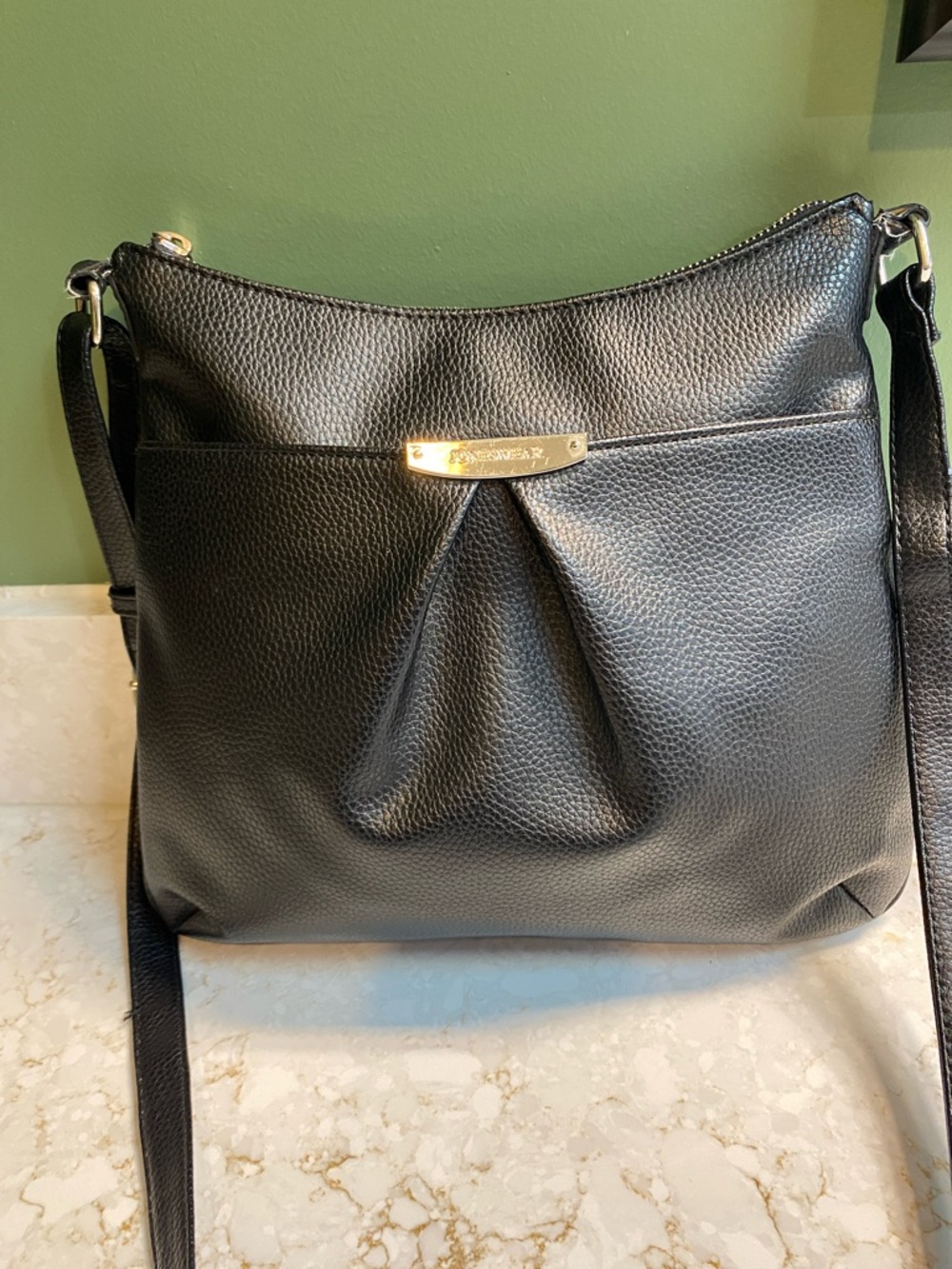 Jones Wear Black Pebbled Crossbody with Gold Plate